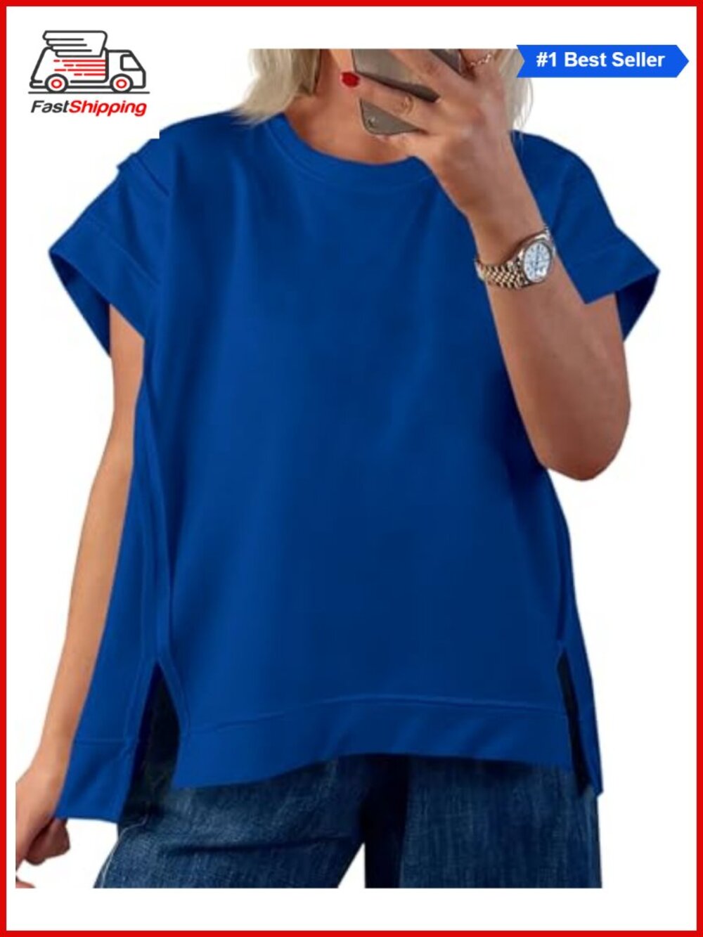 Oversized Cap Sleeve Side Slit Crew Neck T-Shirt Summer Loose Tee